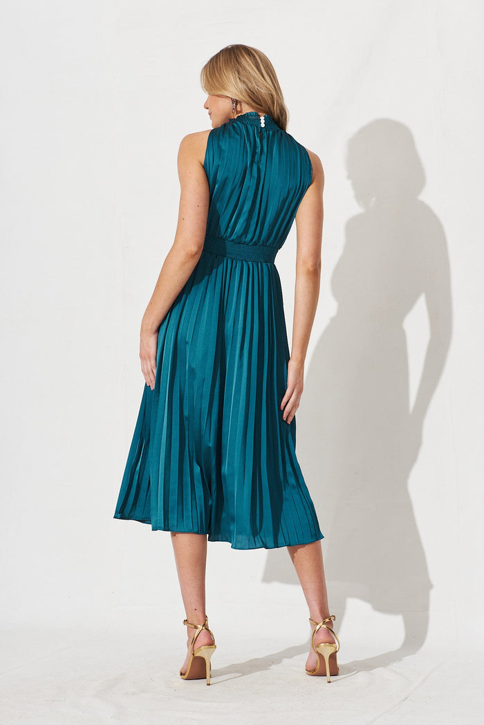 Simmie Midi Dress In Emerald Pleated Satin - back