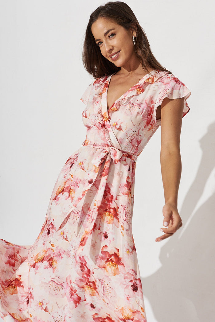 Kailey Midi Dress In Blush With Pink Floral - front