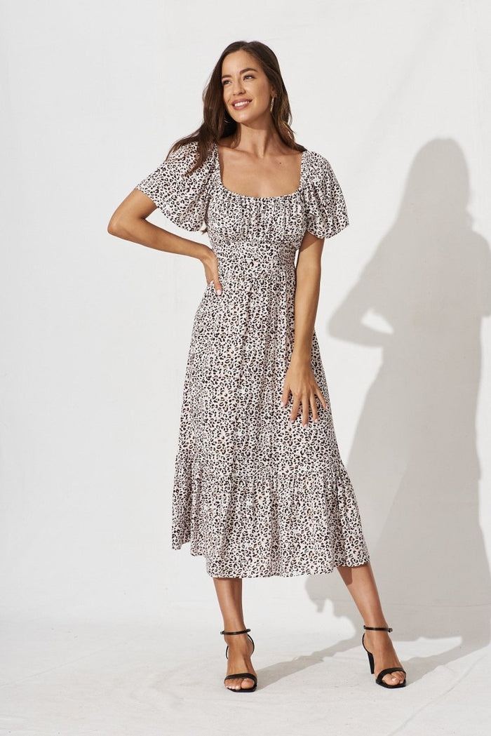 Candie Midi Dress In White With Brown Leopard Print - St Frock (Dev)
