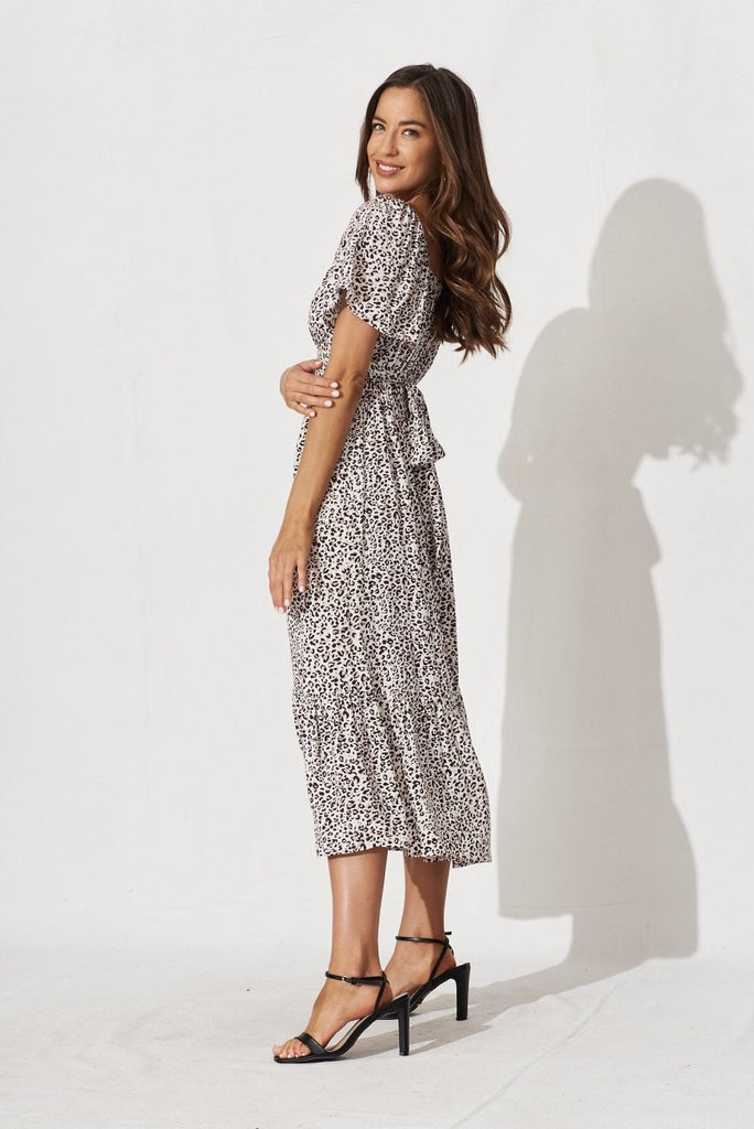 Candie Midi Dress In White With Brown Leopard Print - St Frock (Dev)