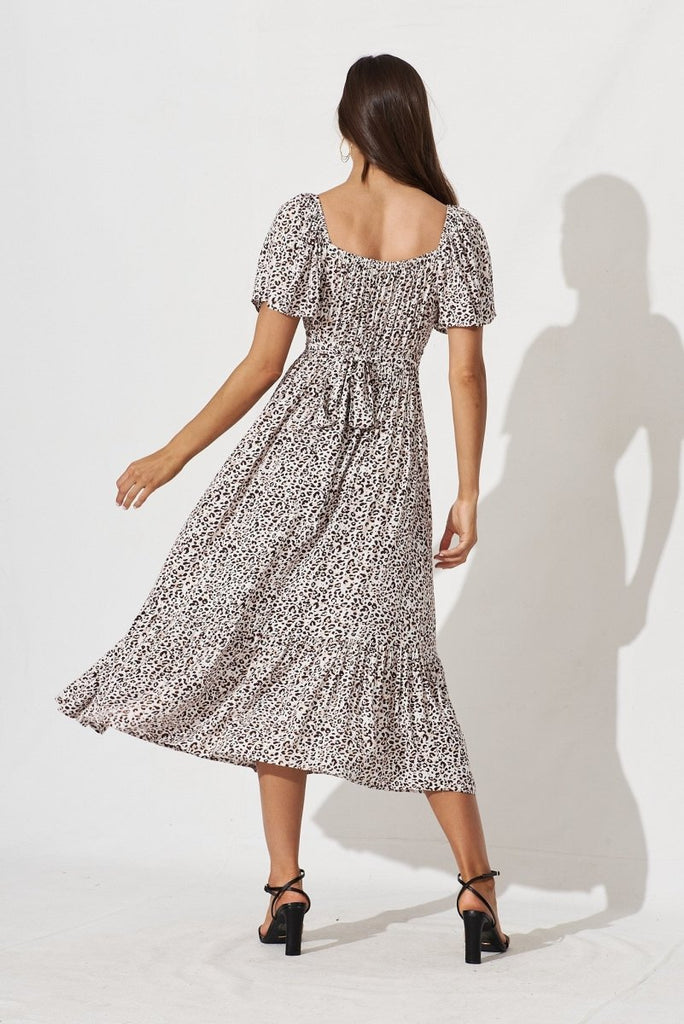 Candie Midi Dress In White With Brown Leopard Print - St Frock (Dev)