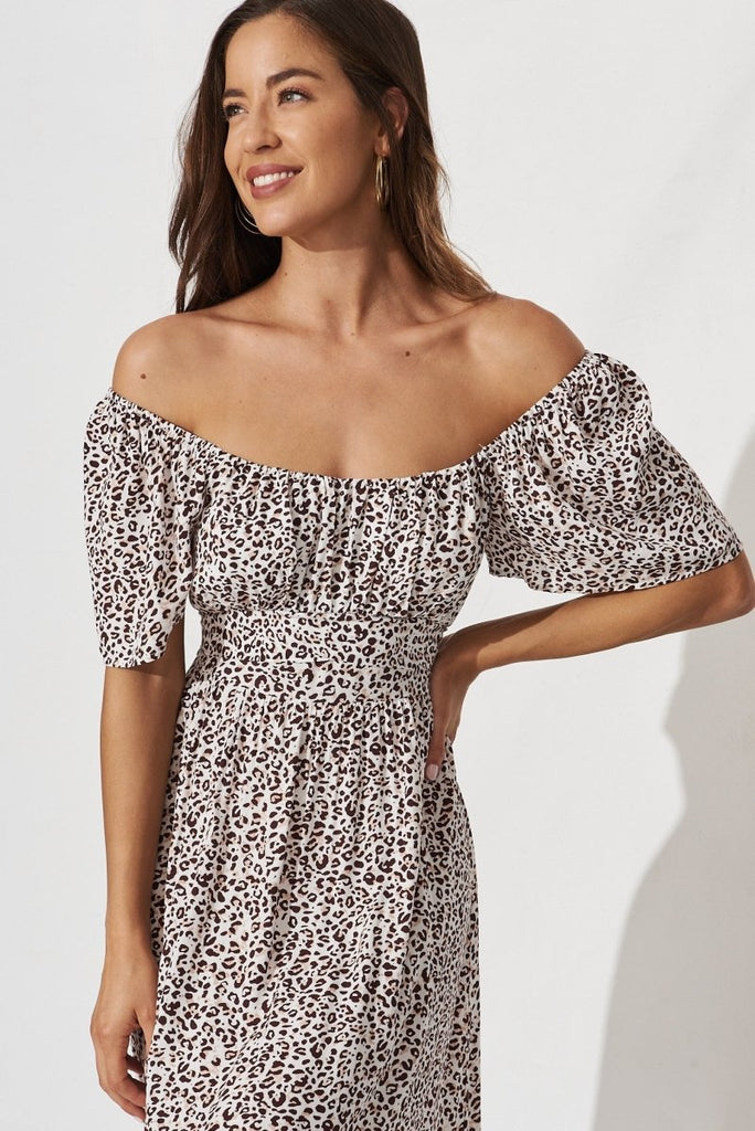 Candie Midi Dress In White With Brown Leopard Print - St Frock (Dev)