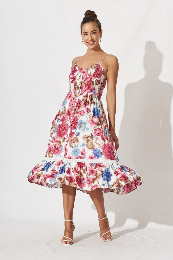 Cherry Midi Sun Dress In Cream With Red Floral - St Frock (Dev)