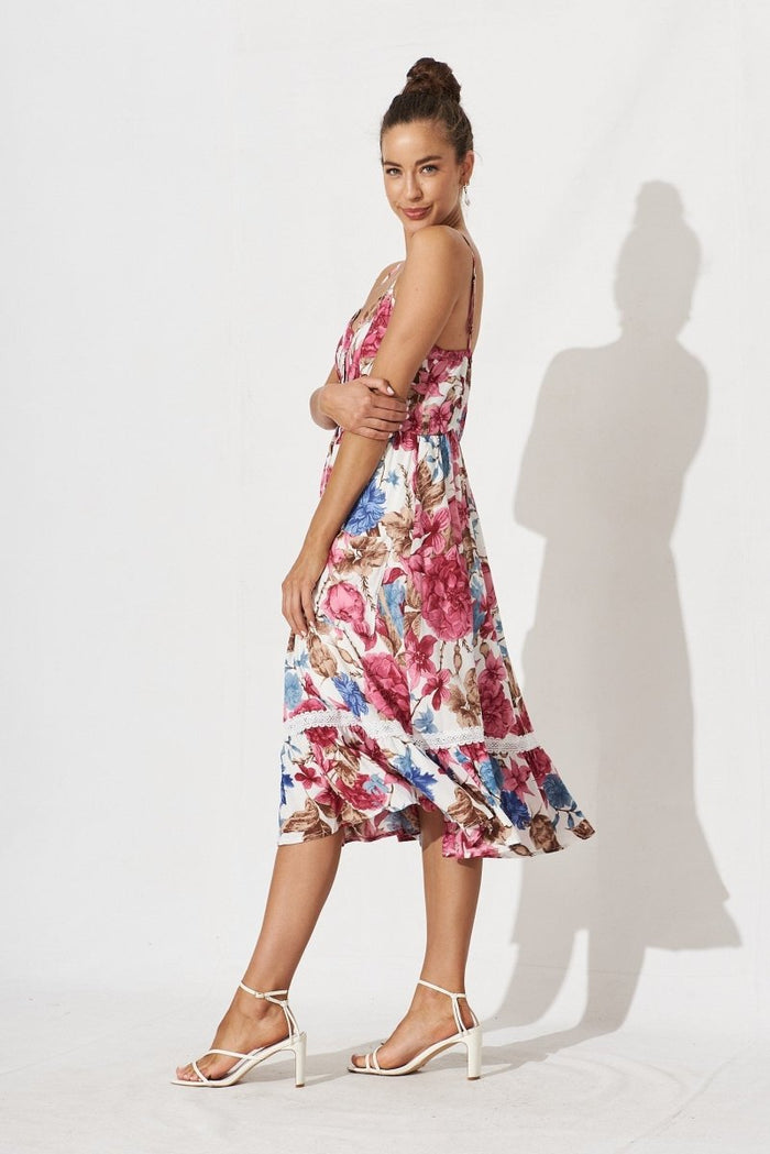 Cherry Midi Sun Dress In Cream With Red Floral - St Frock (Dev)