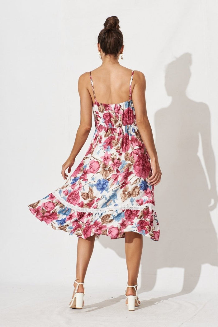 Cherry Midi Sun Dress In Cream With Red Floral - St Frock (Dev)