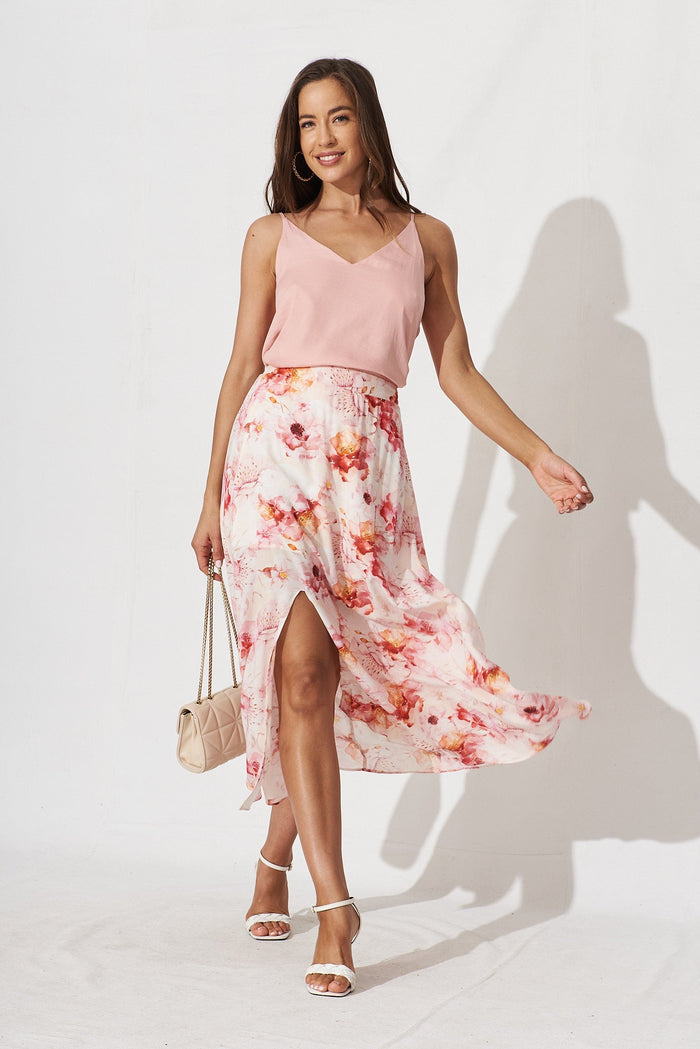 Kairi Midi Skirt In Blush With Pink Floral - full length