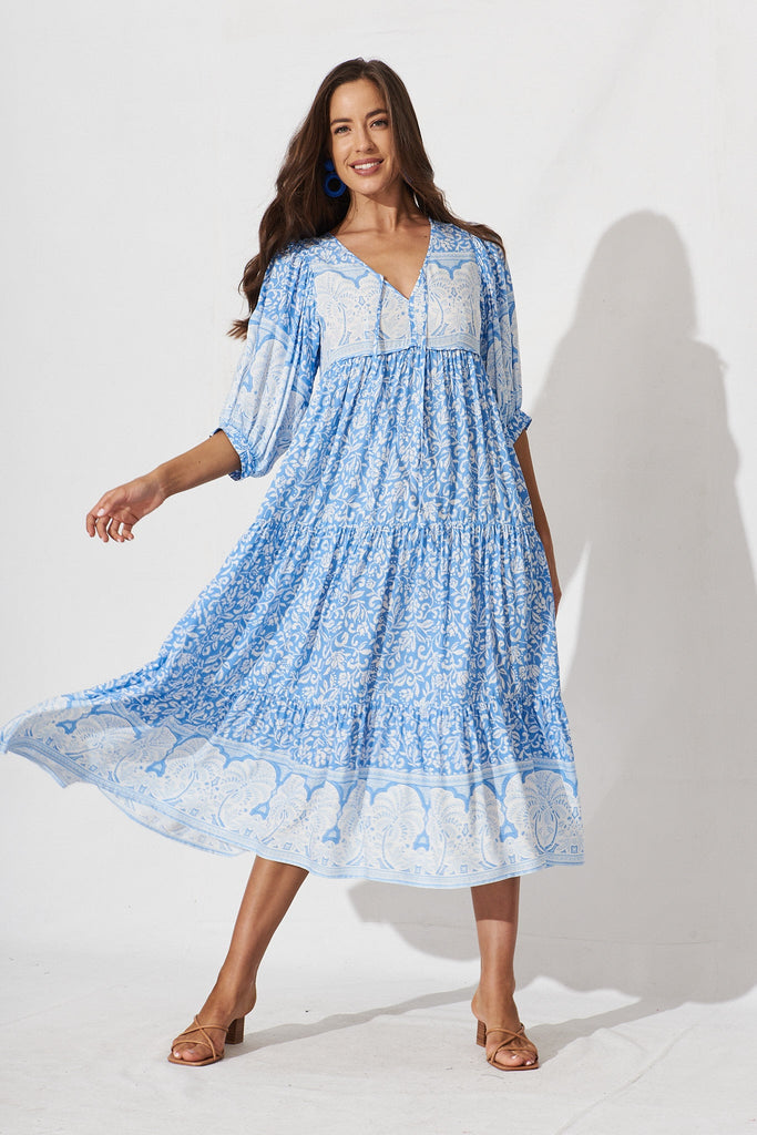 Estela Maxi Dress In White With Blue Boho Floral - full length