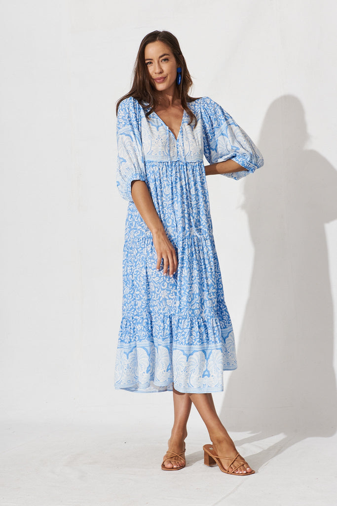 Estela Maxi Dress In White With Blue Boho Floral - full length