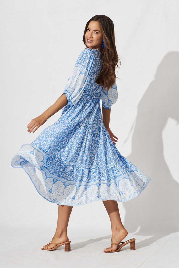 Estela Maxi Dress In White With Blue Boho Floral - side