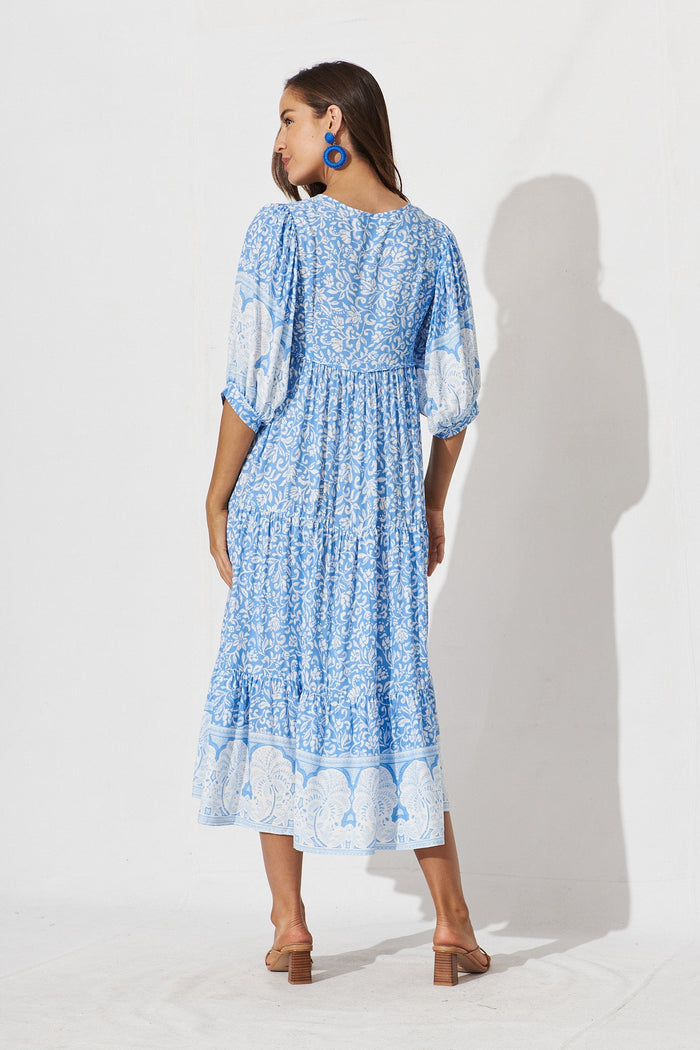 Estela Maxi Dress In White With Blue Boho Floral - back