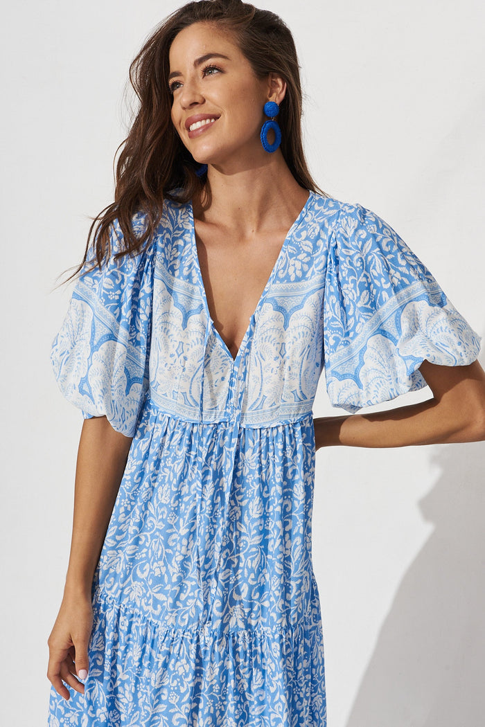 Estela Maxi Dress In White With Blue Boho Floral - front