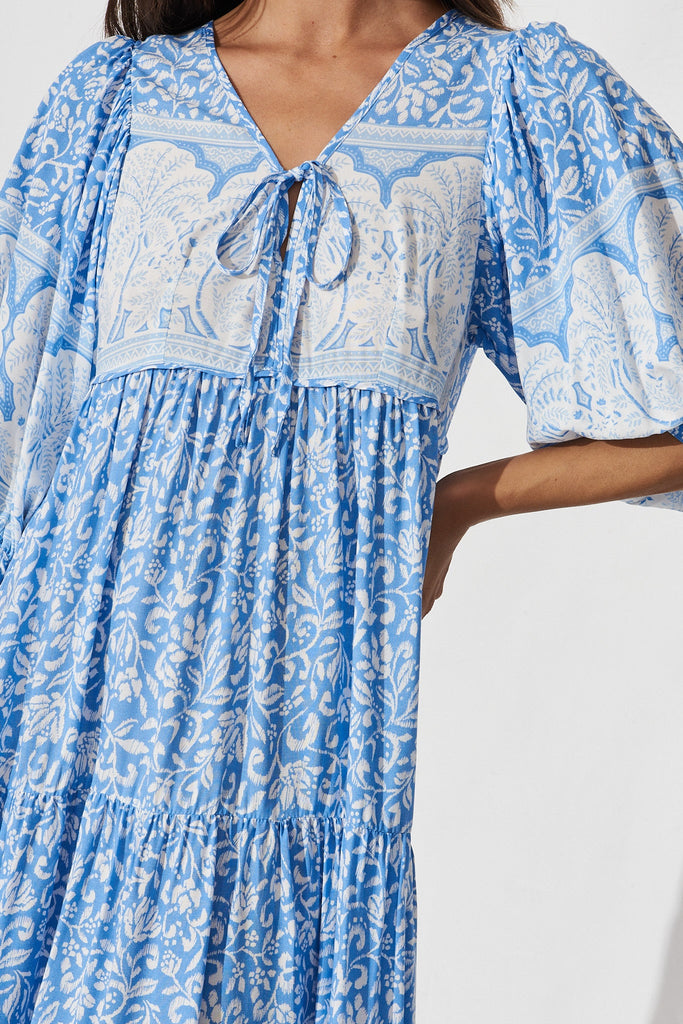 Estela Maxi Dress In White With Blue Boho Floral - front bow