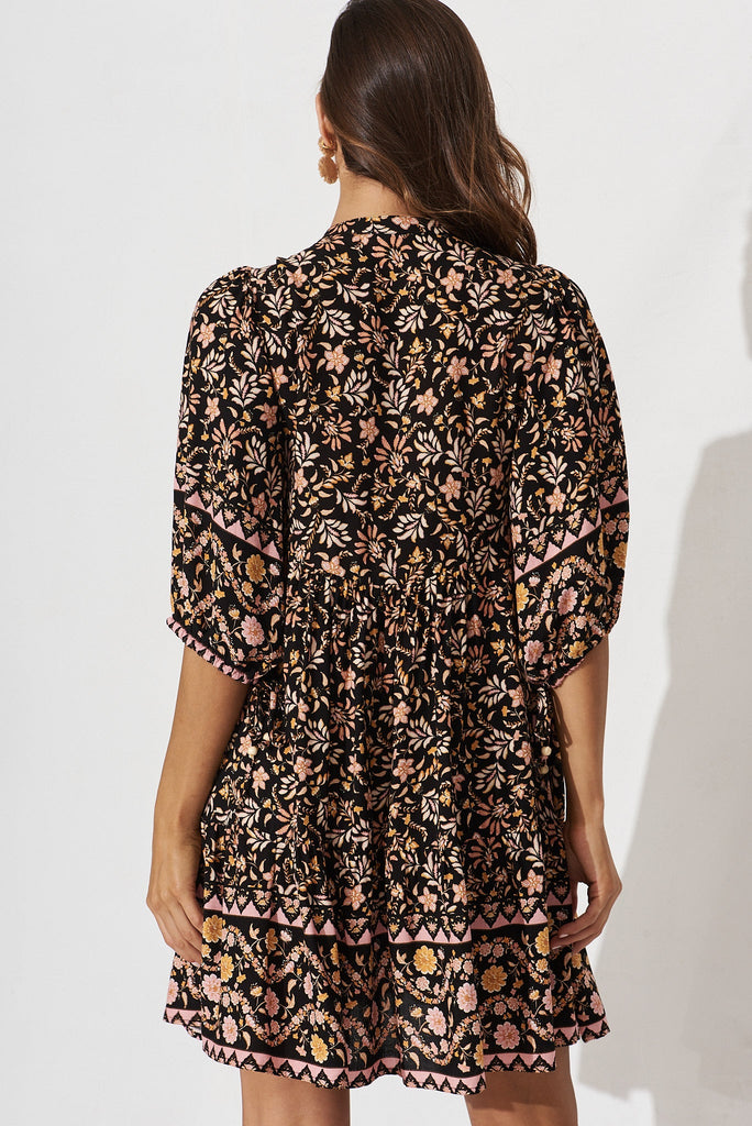 Emelyn Dress In Black With Blush Multi Boho Floral - back