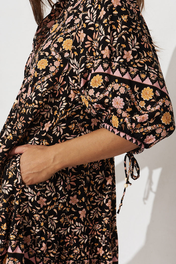 Emelyn Dress In Black With Blush Multi Boho Floral - detail