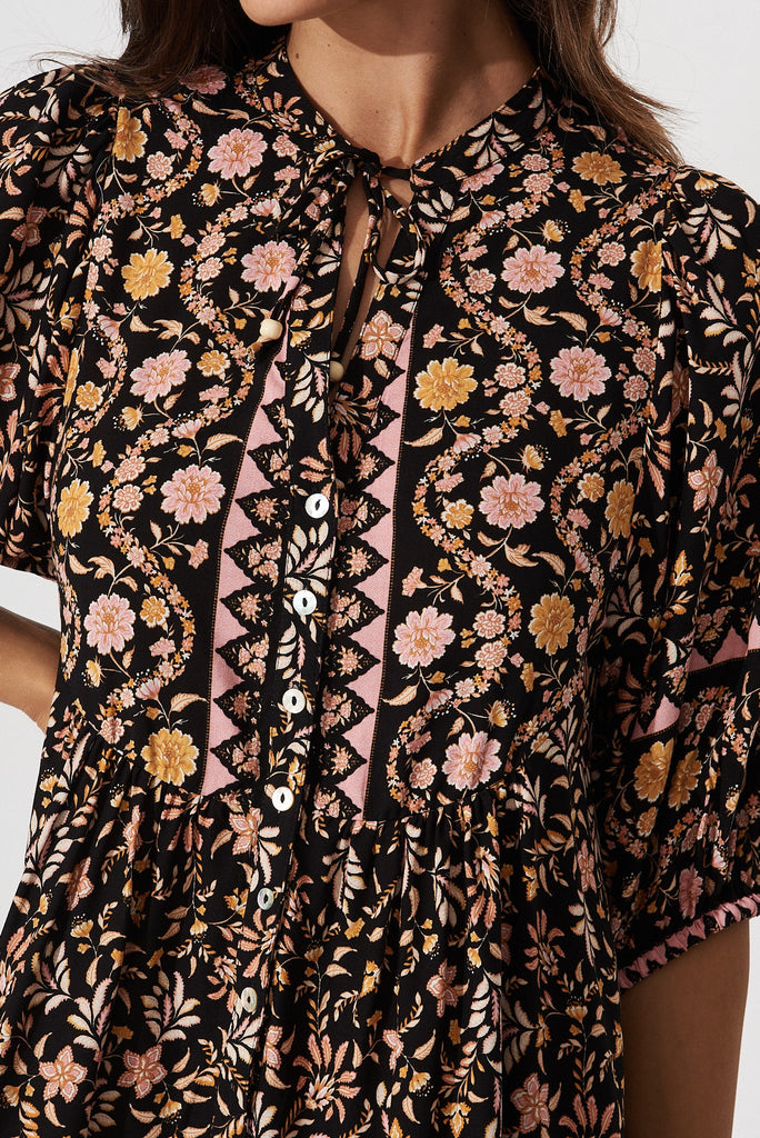Emelyn Dress In Black With Blush Multi Boho Floral - detail