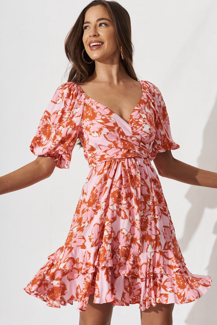 Aretha Dress In Pink With Red Floral - front