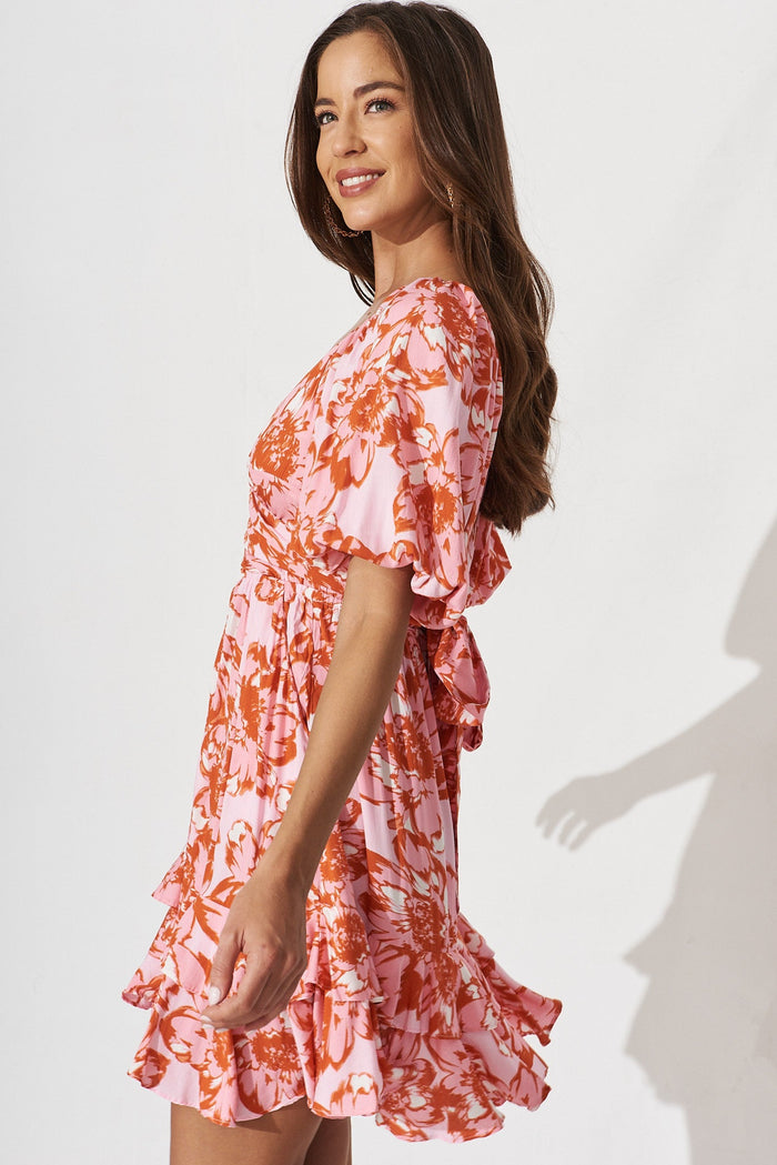 Aretha Dress In Pink With Red Floral - side