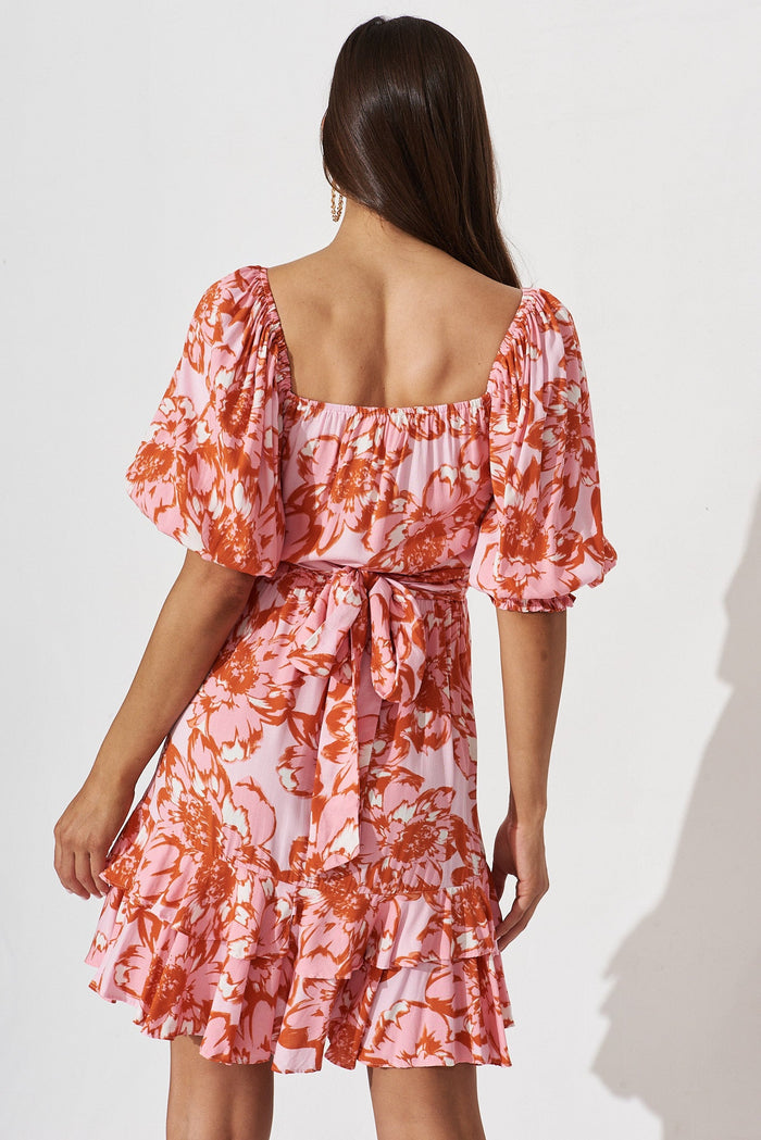 Aretha Dress In Pink With Red Floral - back
