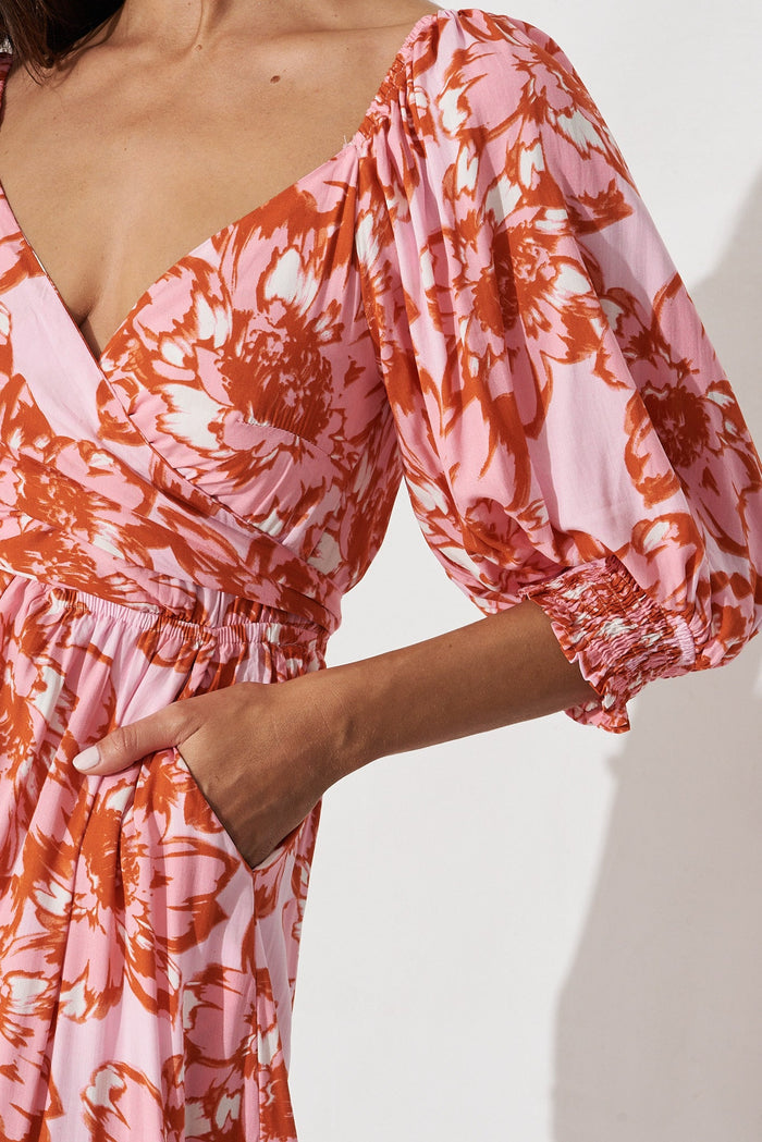 Aretha Dress In Pink With Red Floral - detail