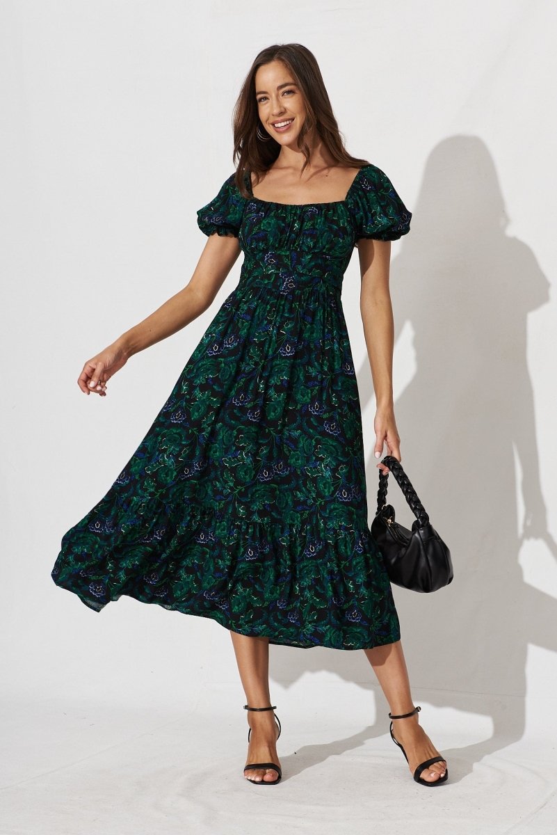 Candie Midi Dress In Emerald With Green And Blue Floral - St Frock (Dev)