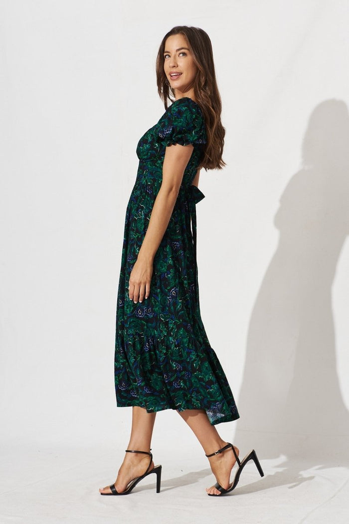 Candie Midi Dress In Emerald With Green And Blue Floral - St Frock (Dev)