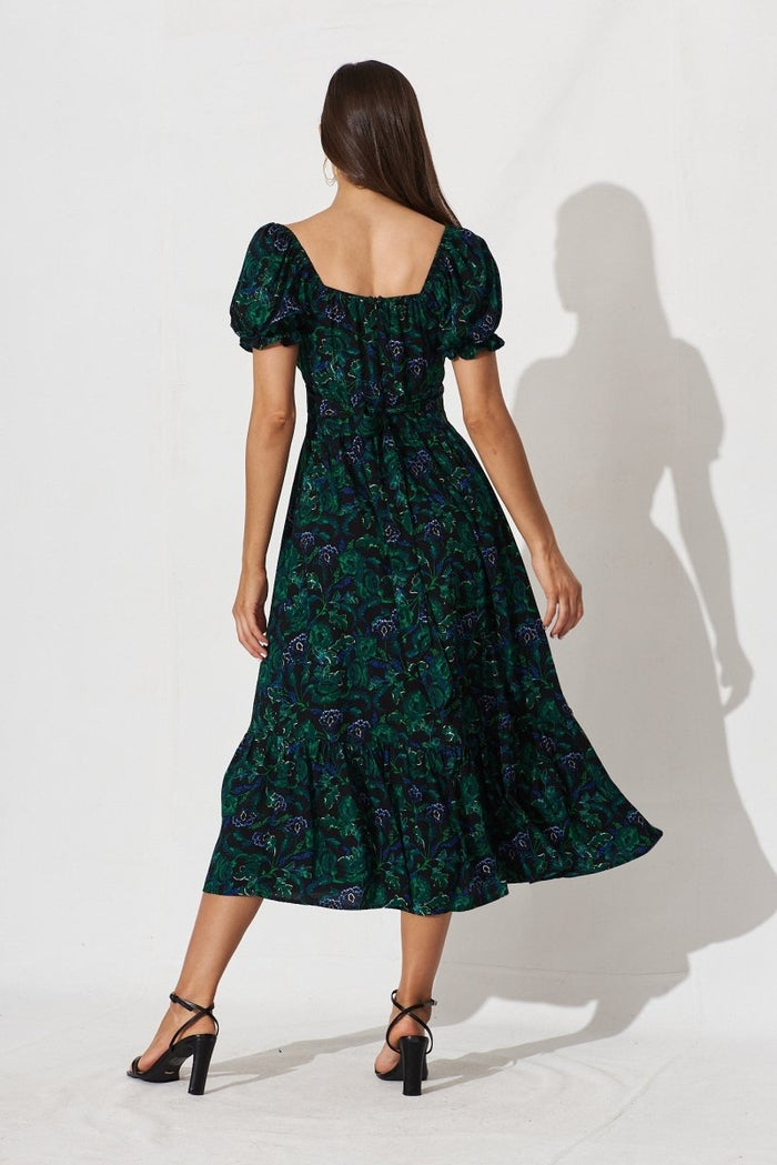 Candie Midi Dress In Emerald With Green And Blue Floral - St Frock (Dev)