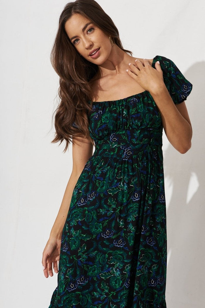Candie Midi Dress In Emerald With Green And Blue Floral - St Frock (Dev)