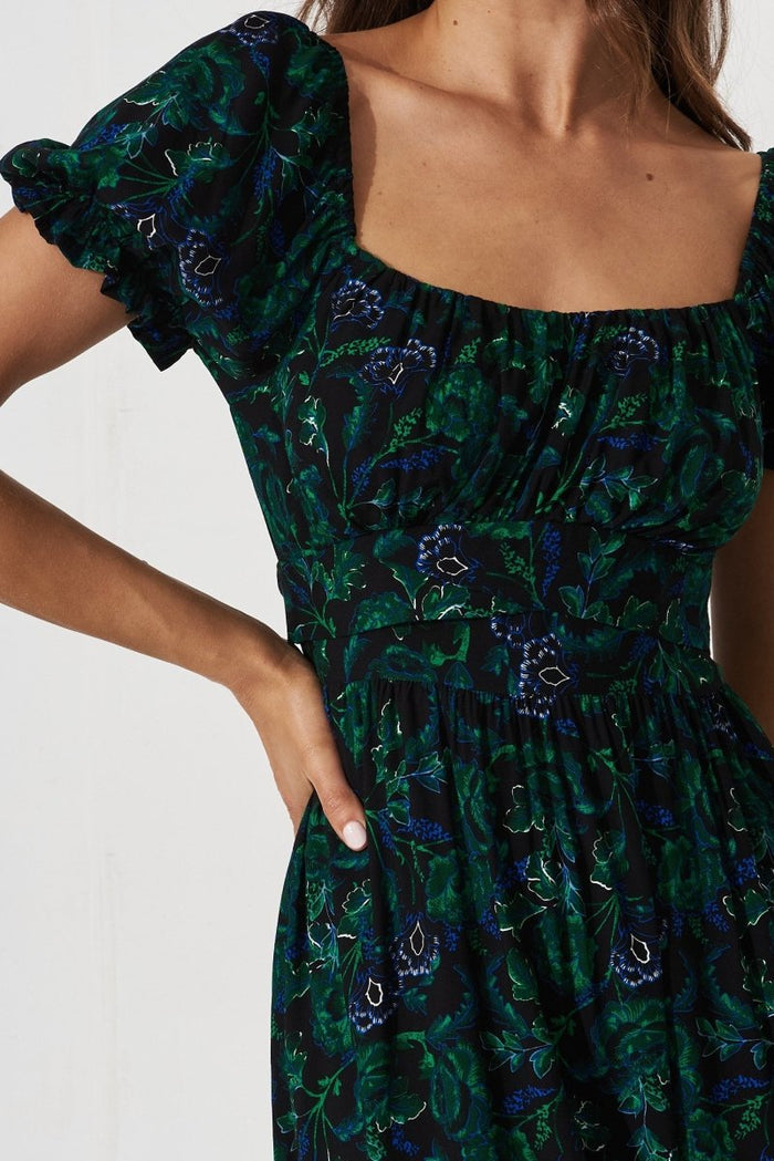 Candie Midi Dress In Emerald With Green And Blue Floral - St Frock (Dev)