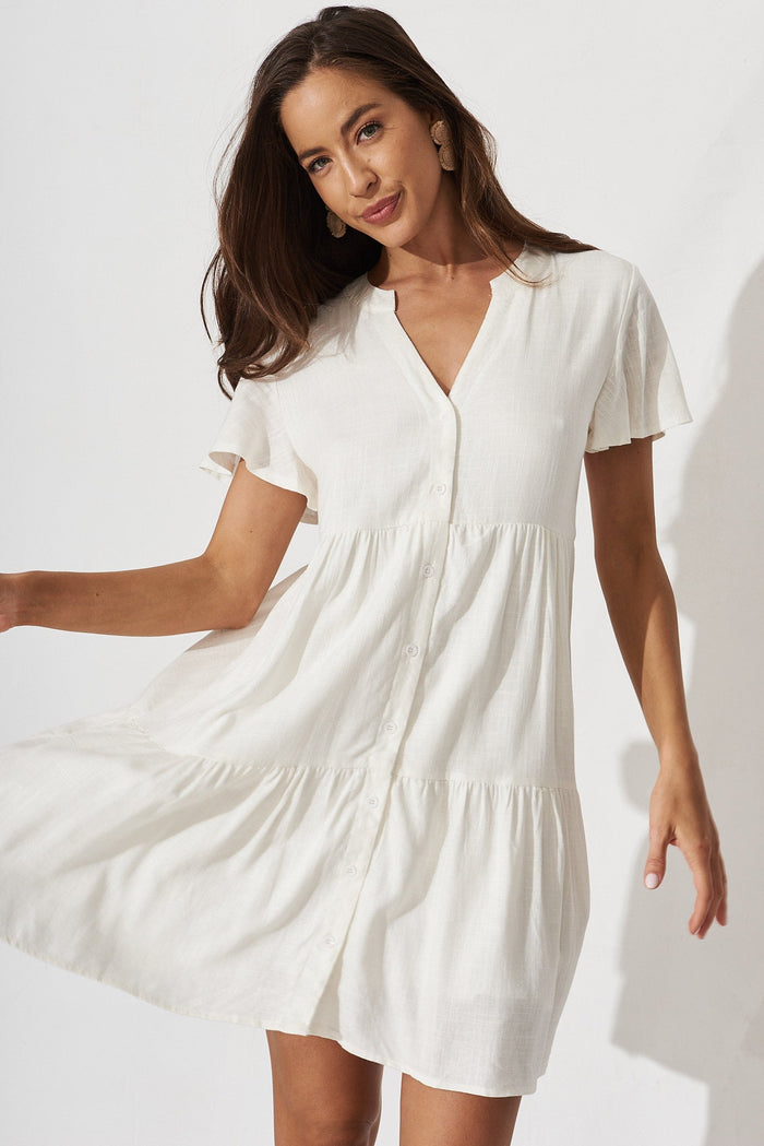 Adeline Shirt Dress In White Linen Blend - front