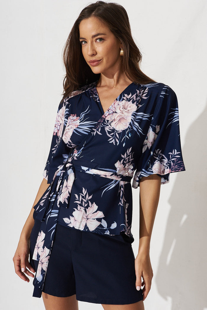 Pippa Wrap Top In Navy With Blush Floral - front