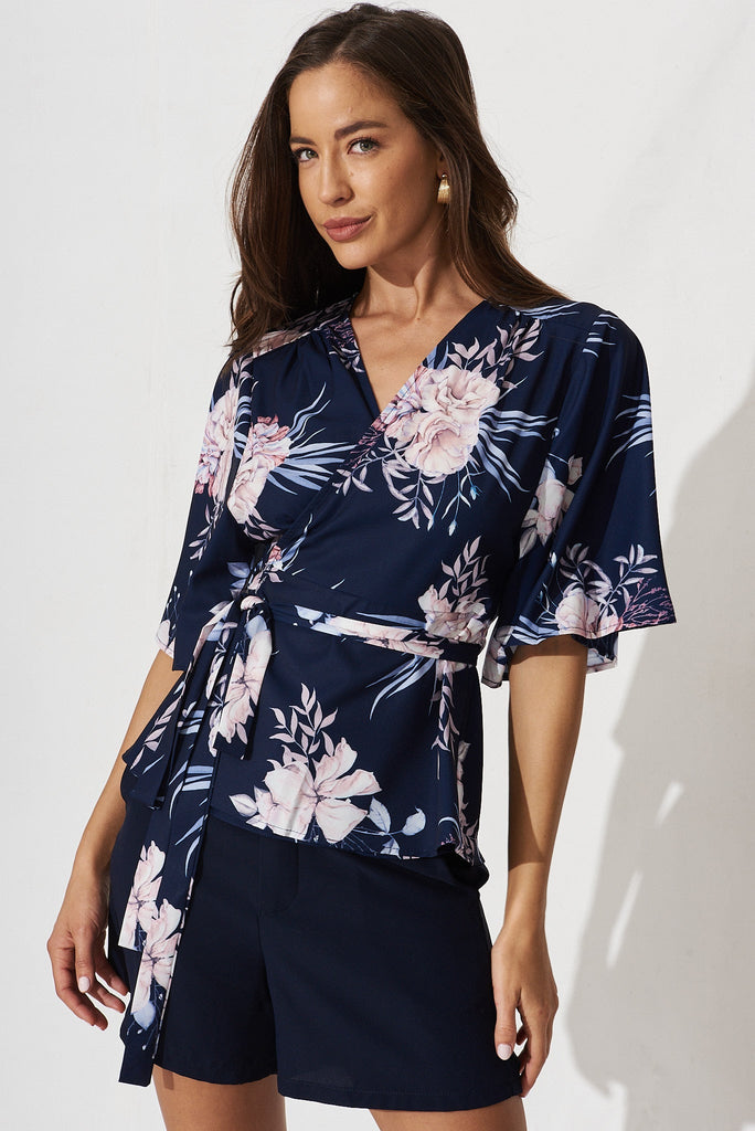 Pippa Wrap Top In Navy With Blush Floral - front