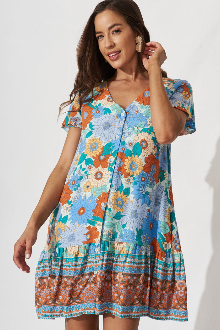 Mariachi Dress In Blue Multi Boho Floral - front