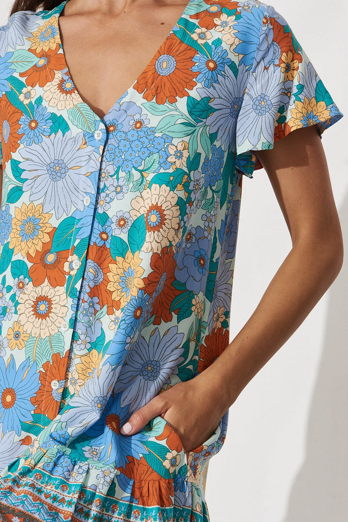 Mariachi Dress In Blue Multi Boho Floral - detail