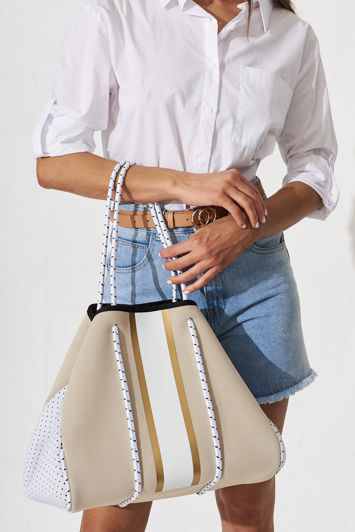 August + Delilah Rania Neoprene Tote Bag In Beige Stripe - front