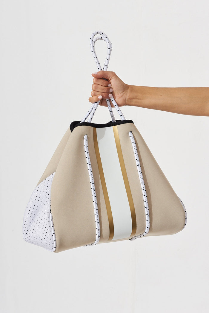 August + Delilah Rania Neoprene Tote Bag In Beige Stripe - front