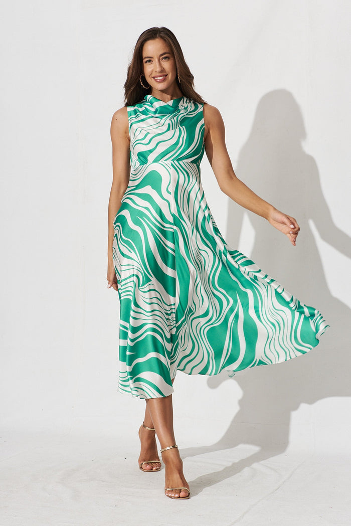 Talitha Midi Dress In White With Green Swirl Print - full length