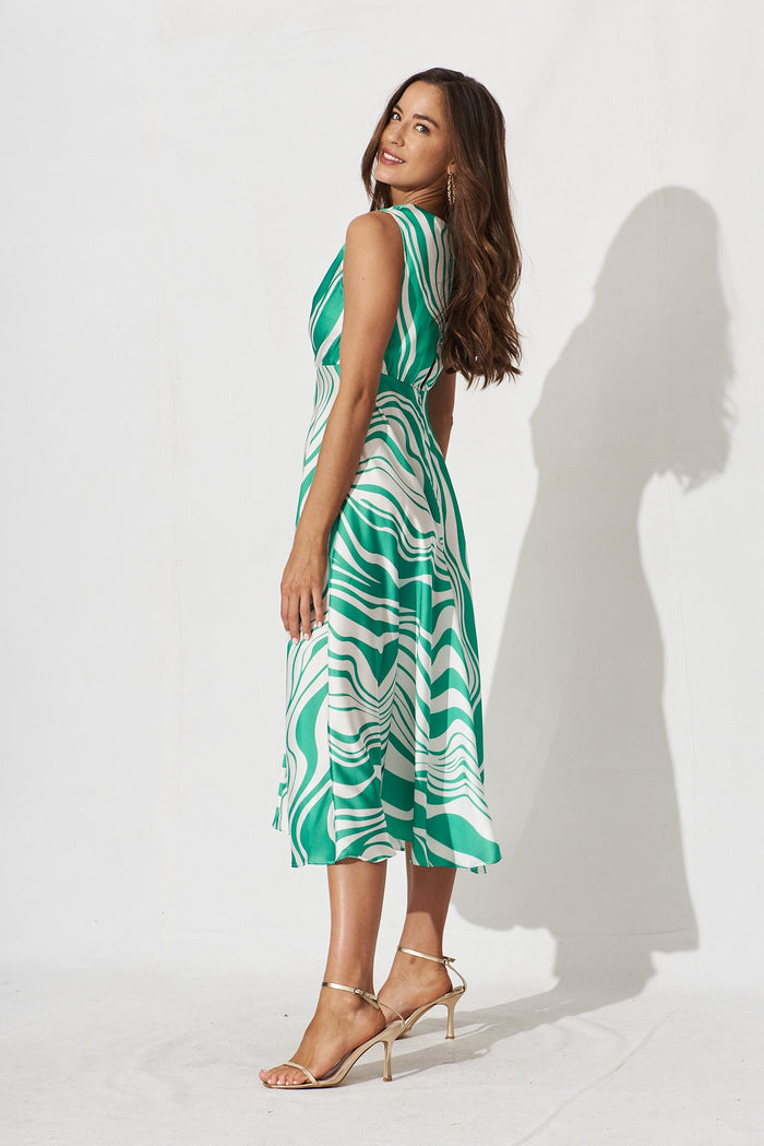 Talitha Midi Dress In White With Green Swirl Print - side