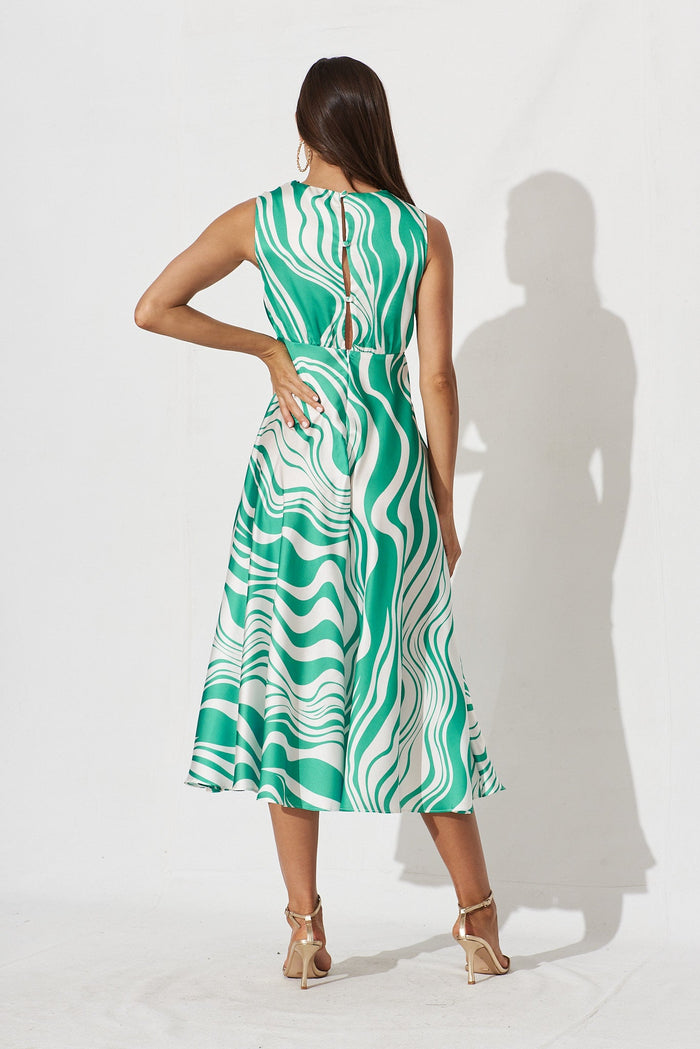 Talitha Midi Dress In White With Green Swirl Print - back
