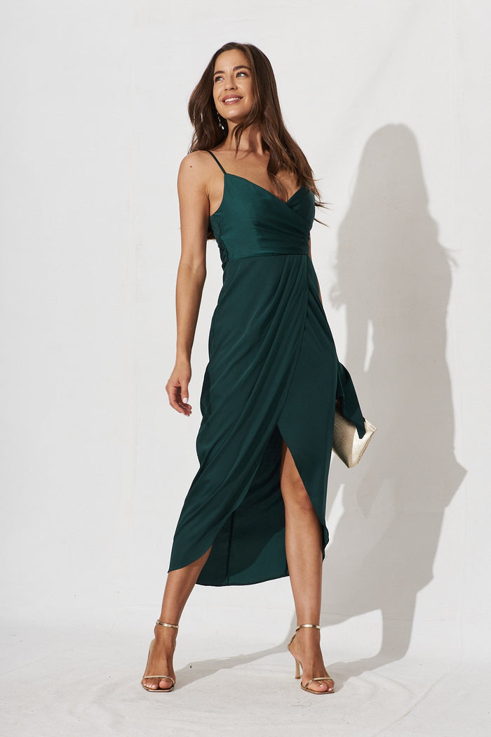 Kerrie Midi Dress In Emerald Satin - full length