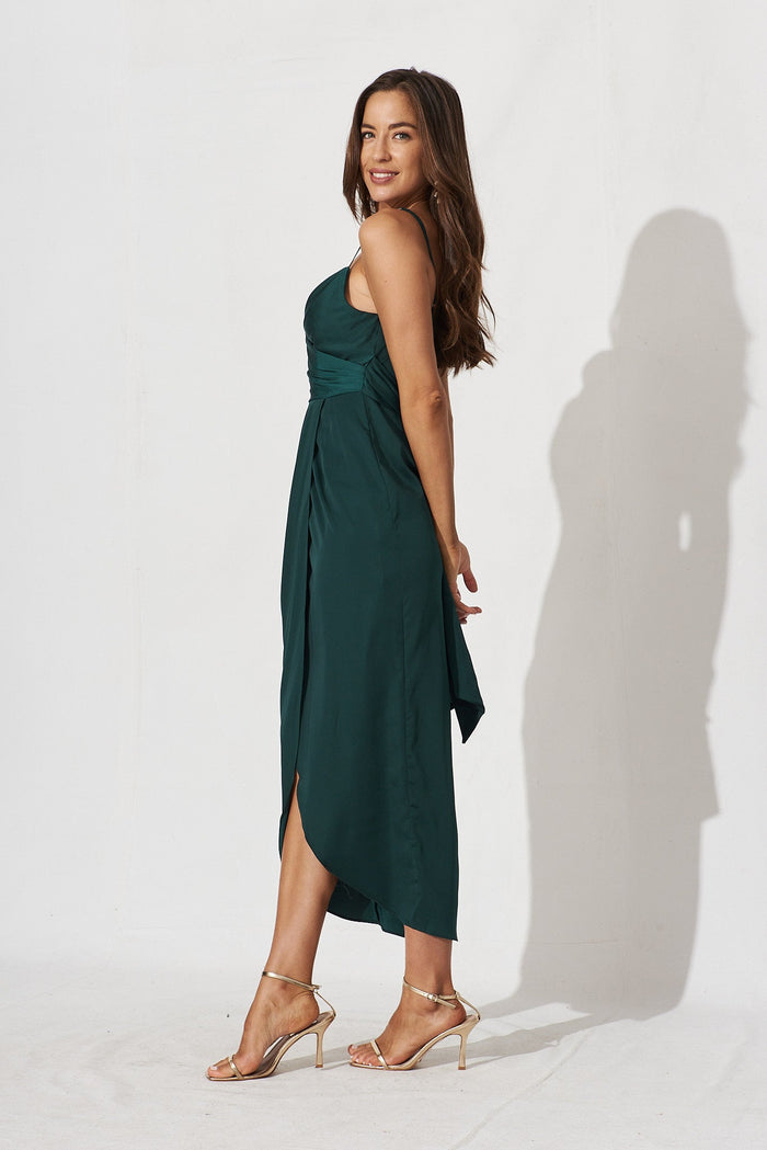 Kerrie Midi Dress In Emerald Satin - side