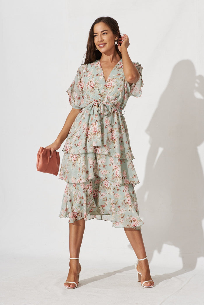 Mirabel Midi Dress In Mint With Blush Floral Chiffon - full length