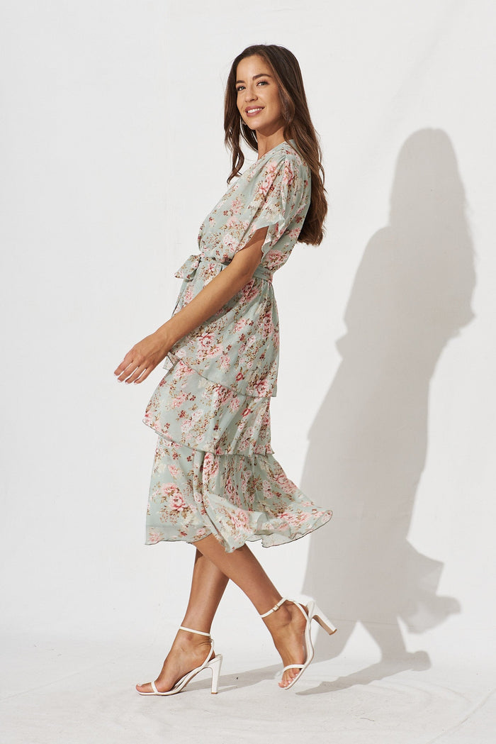 Mirabel Midi Dress In Mint With Blush Floral Chiffon - side