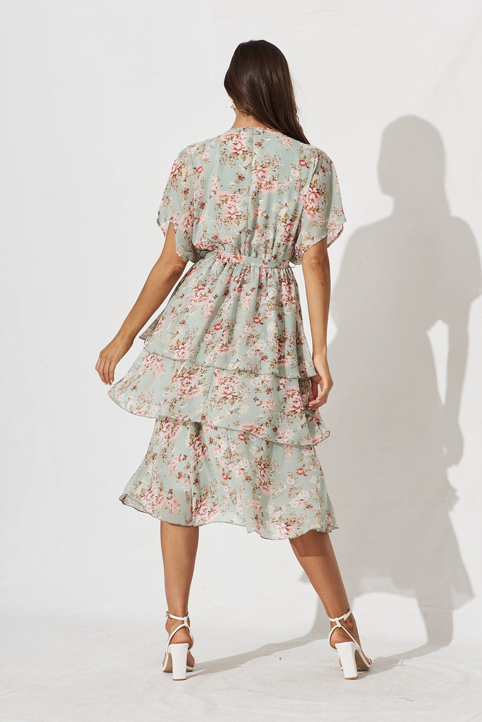 Mirabel Midi Dress In Mint With Blush Floral Chiffon - back
