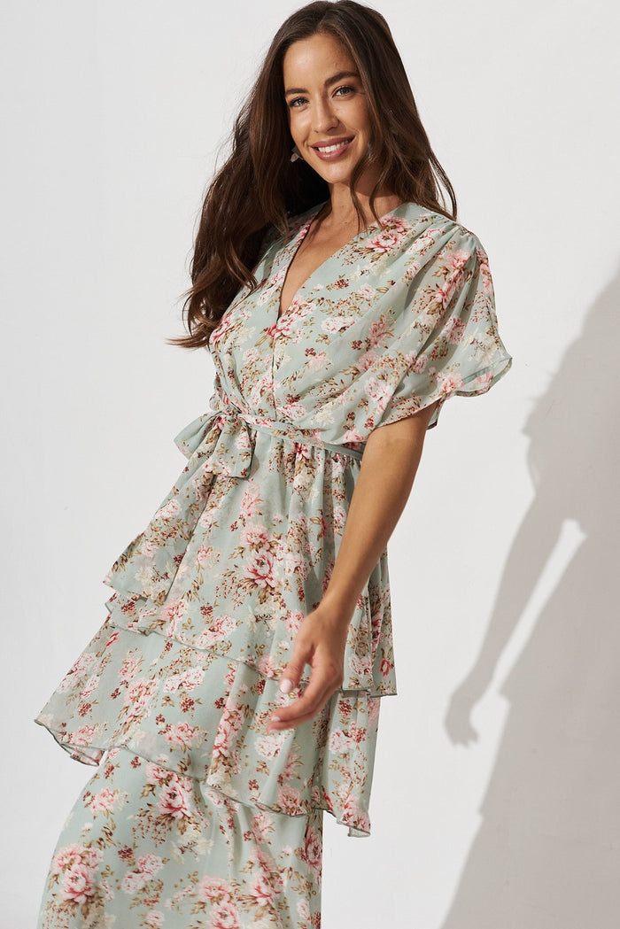 Mirabel Midi Dress In Mint With Blush Floral Chiffon - front