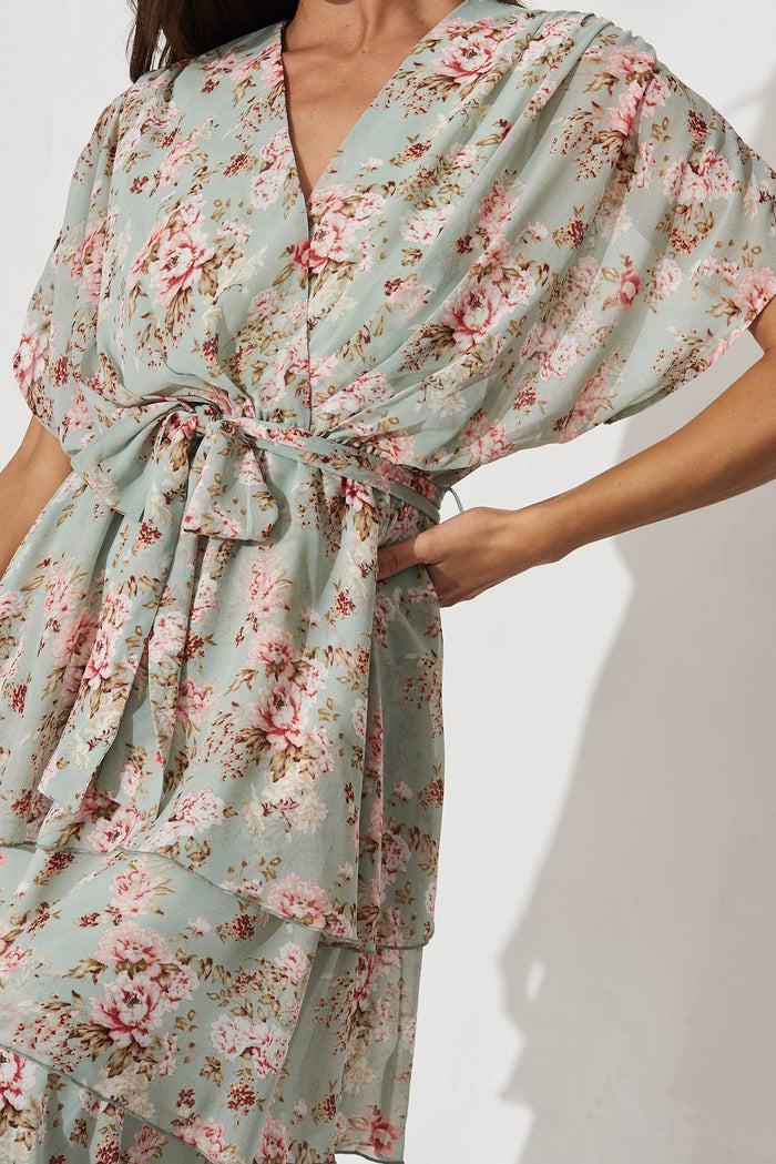 Mirabel Midi Dress In Mint With Blush Floral Chiffon - detail