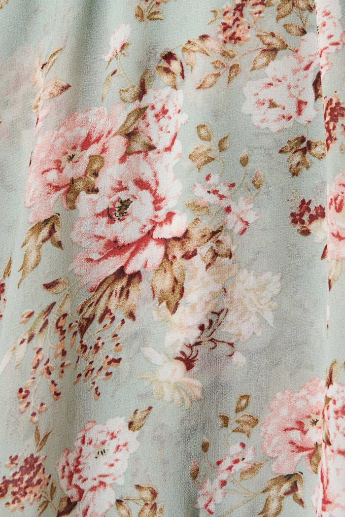 Mirabel Midi Dress In Mint With Blush Floral Chiffon - fabric