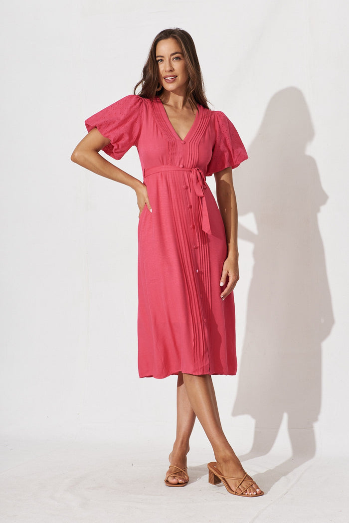 Jamarni Midi Dress In Pink Linen Blend - full length