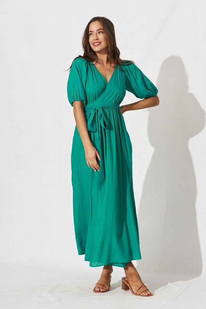 Brayne Maxi Wrap Dress In Turquoise Linen Blend - St Frock (Dev)
