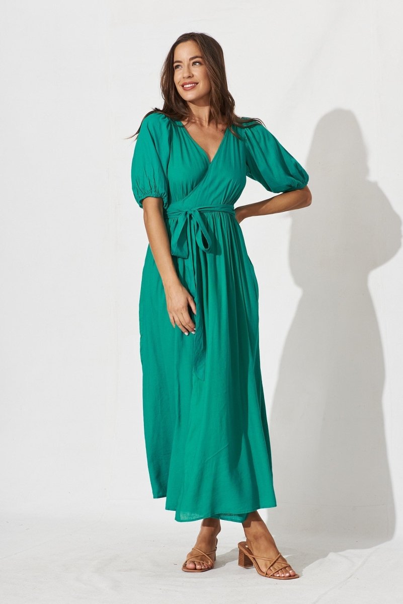 Brayne Maxi Wrap Dress In Turquoise Linen Blend - St Frock (Dev)