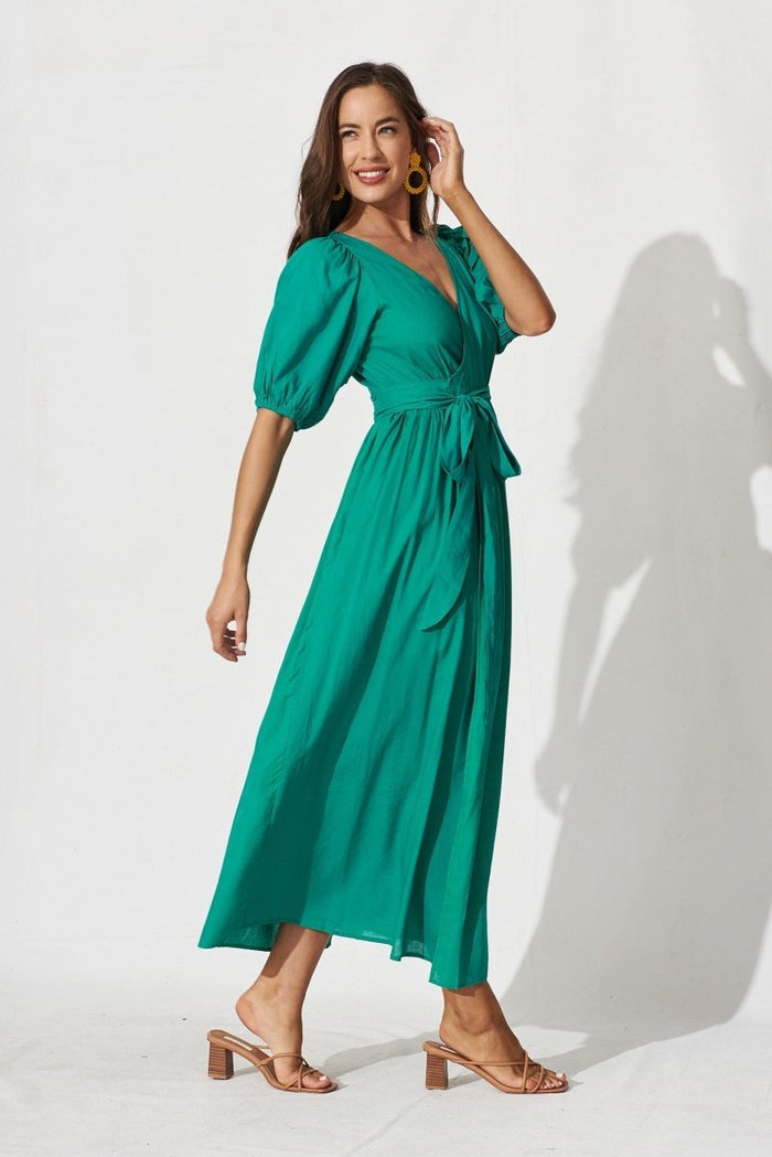 Brayne Maxi Wrap Dress In Turquoise Linen Blend - St Frock (Dev)
